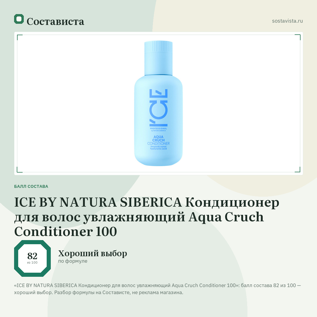 ICE BY NATURA SIBERICA Кондиционер для волос увлажняющий Aqua Cruch Conditioner 100: балл состава 82 из 100 — Состависта