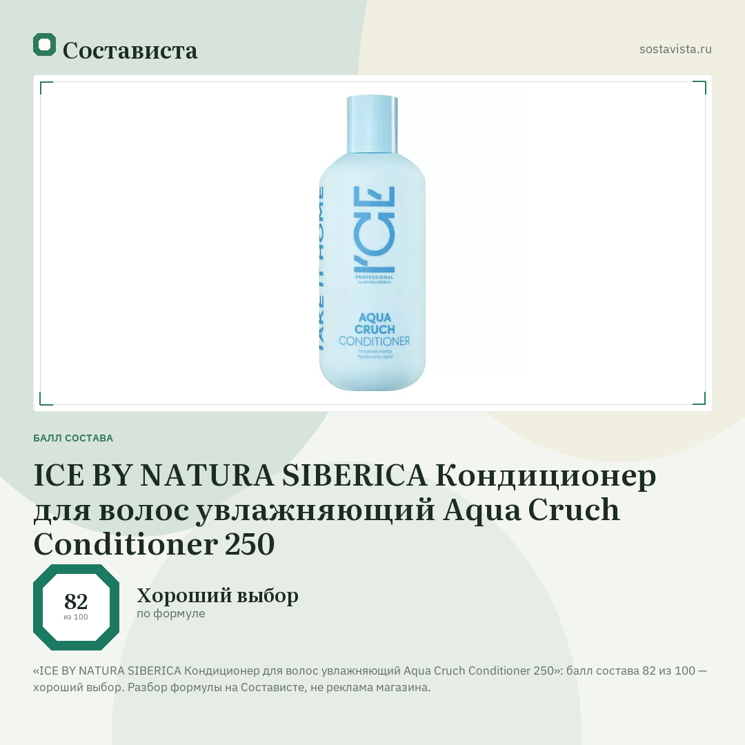 ICE BY NATURA SIBERICA Кондиционер для волос увлажняющий Aqua Cruch Conditioner 250: балл состава 82 из 100 — Состависта