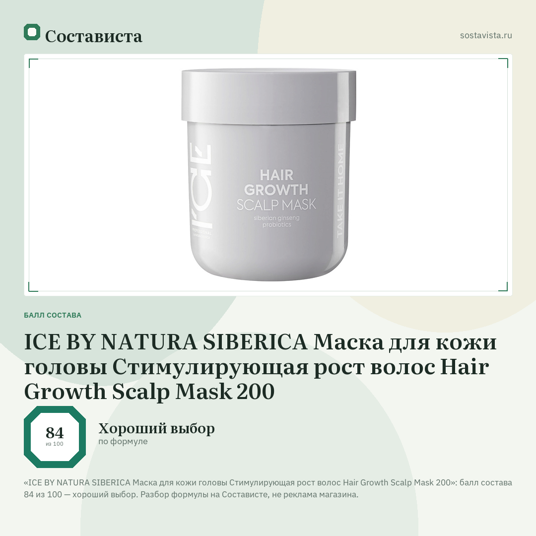 ICE BY NATURA SIBERICA Маска для кожи головы Стимулирующая рост волос Hair Growth Scalp Mask 200: балл состава 84 из 100 — Состависта
