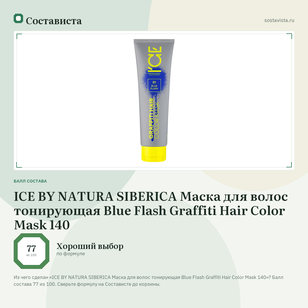 ICE BY NATURA SIBERICA Маска для волос тонирующая Blue Flash Graffiti Hair Color Mask 140: балл состава 77 из 100 — Состависта