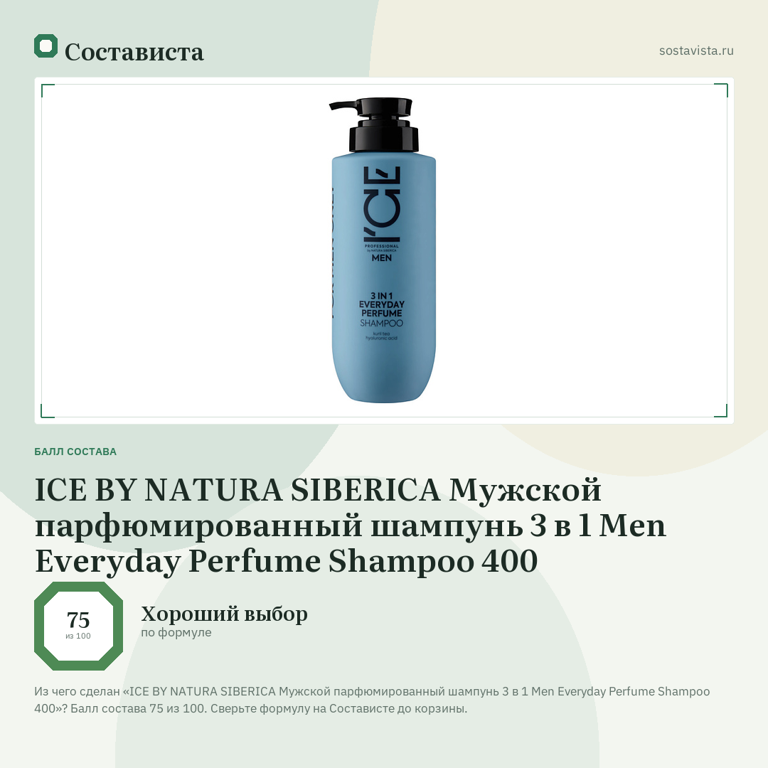 ICE BY NATURA SIBERICA Мужской парфюмированный шампунь 3 в 1 Men Everyday Perfume Shampoo 400: балл состава 75 из 100 — Состависта