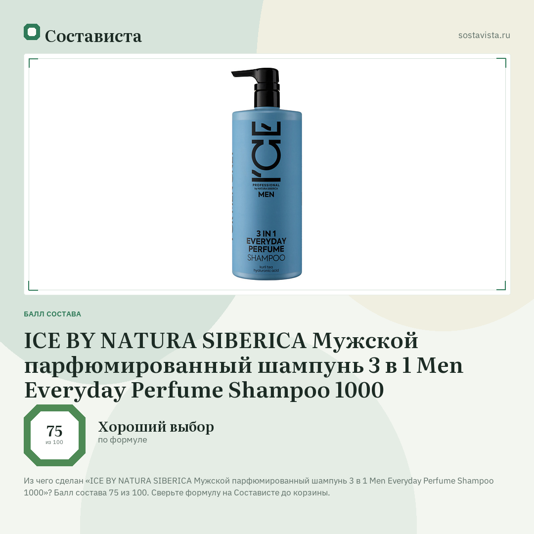 ICE BY NATURA SIBERICA Мужской парфюмированный шампунь 3 в 1 Men Everyday Perfume Shampoo 1000: балл состава 75 из 100 — Состависта