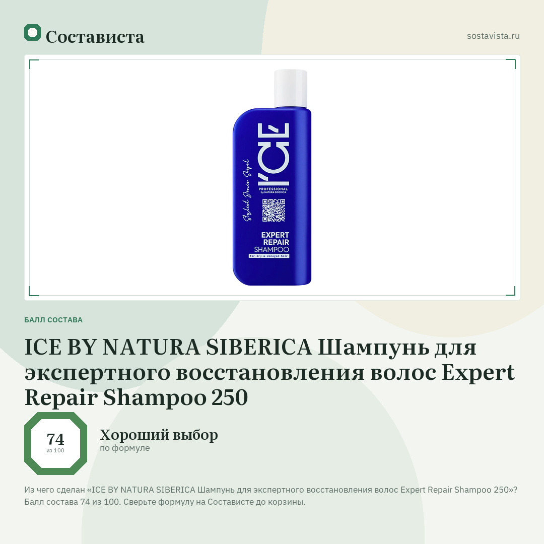 ICE BY NATURA SIBERICA Шампунь для экспертного восстановления волос Expert Repair Shampoo 250: балл состава 74 из 100 — Состависта