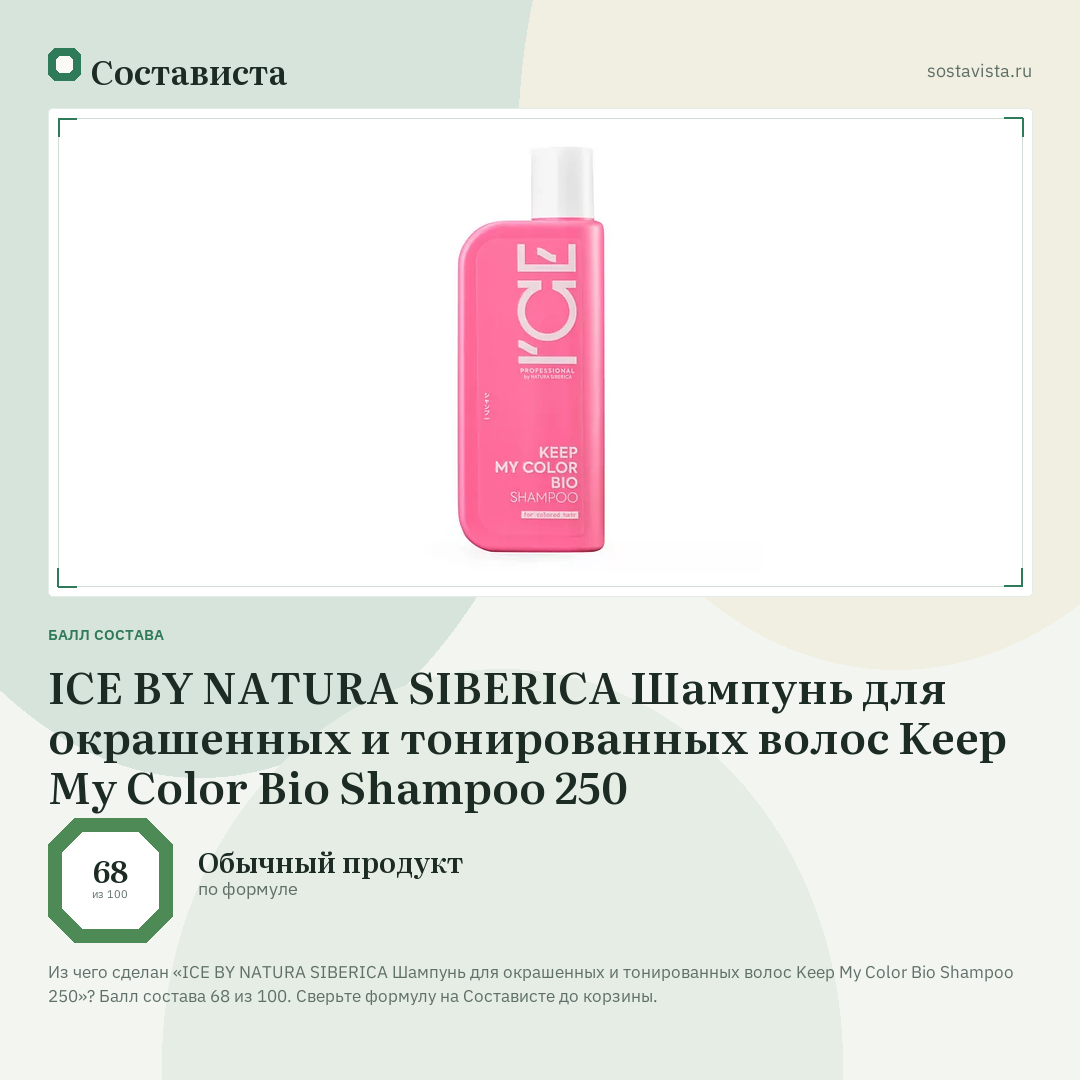ICE BY NATURA SIBERICA Шампунь для окрашенных и тонированных волос Keep My Color Bio Shampoo 250: балл состава 68 из 100 — Состависта