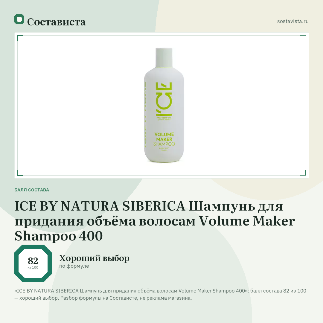 ICE BY NATURA SIBERICA Шампунь для придания объёма волосам Volume Maker Shampoo 400: балл состава 82 из 100 — Состависта