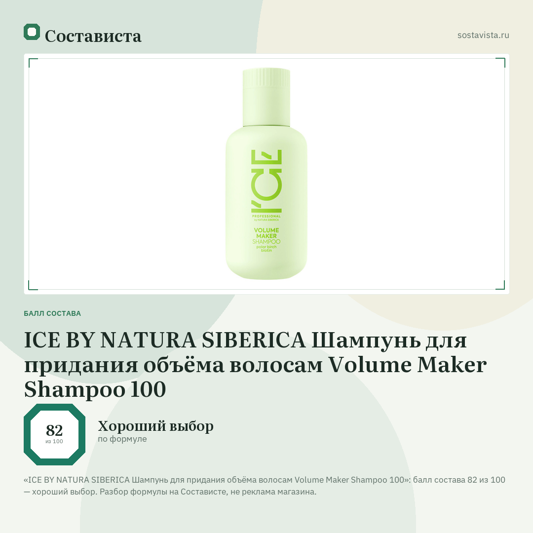 ICE BY NATURA SIBERICA Шампунь для придания объёма волосам Volume Maker Shampoo 100: балл состава 82 из 100 — Состависта