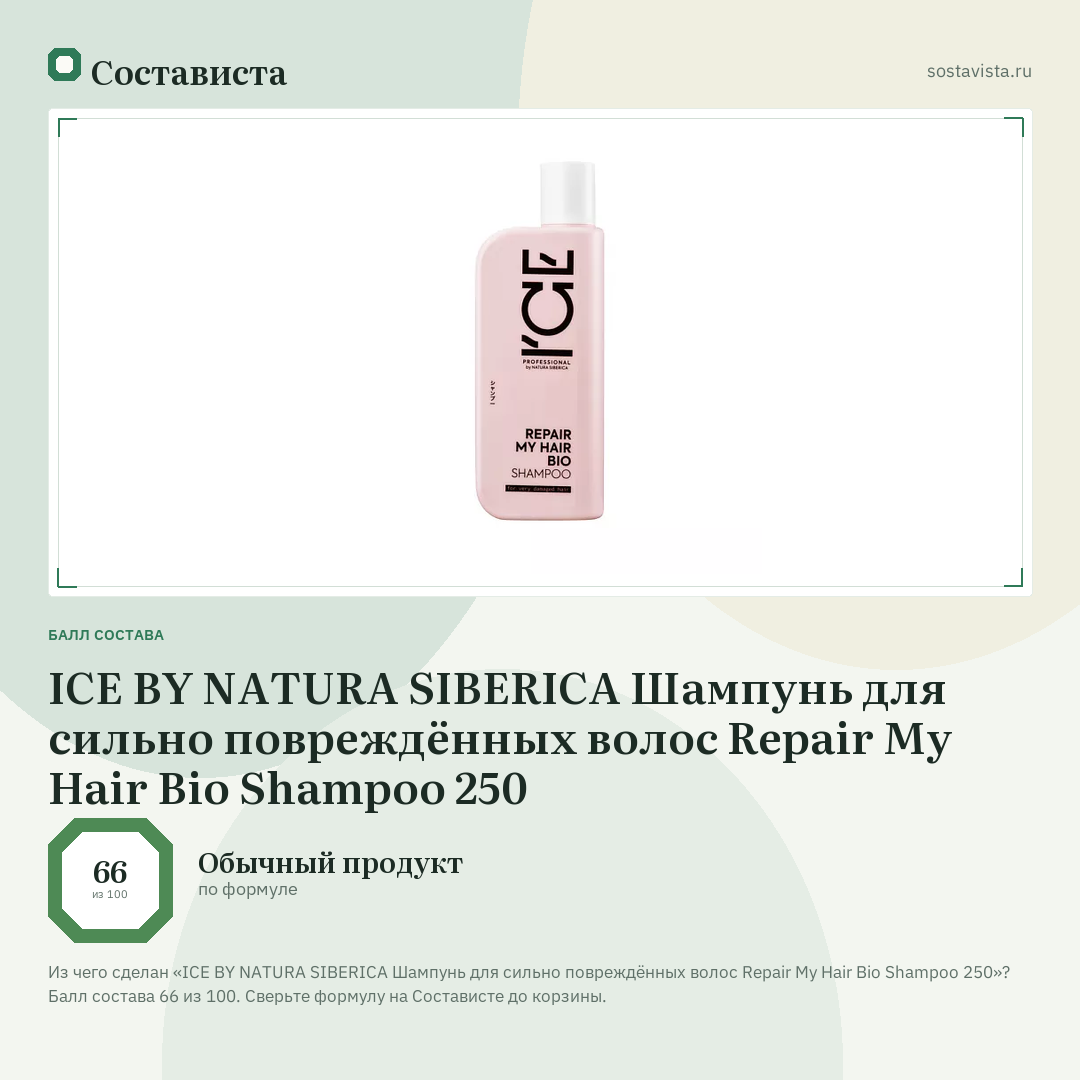 ICE BY NATURA SIBERICA Шампунь для сильно повреждённых волос Repair My Hair Bio Shampoo 250: балл состава 66 из 100 — Состависта