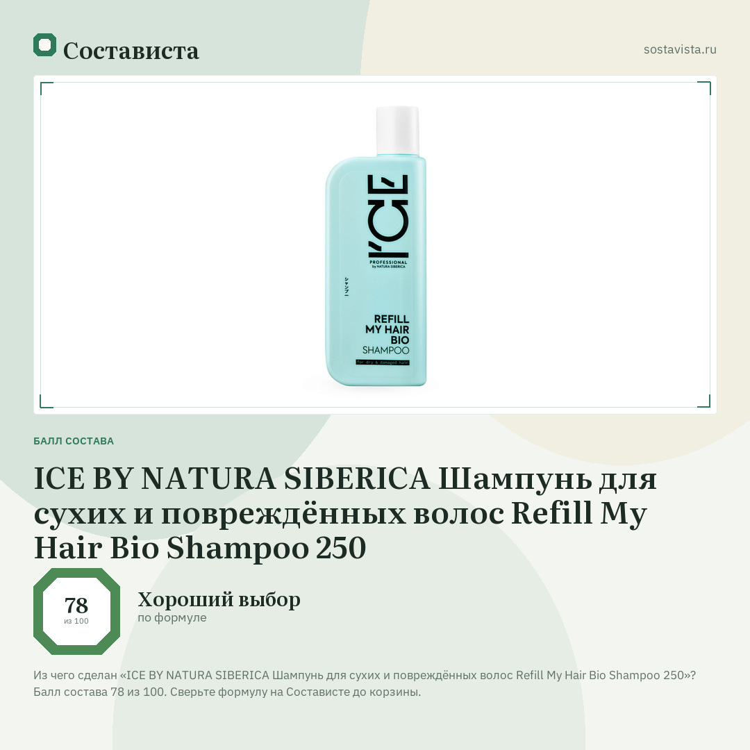 ICE BY NATURA SIBERICA Шампунь для сухих и повреждённых волос Refill My Hair Bio Shampoo 250: балл состава 78 из 100 — Состависта