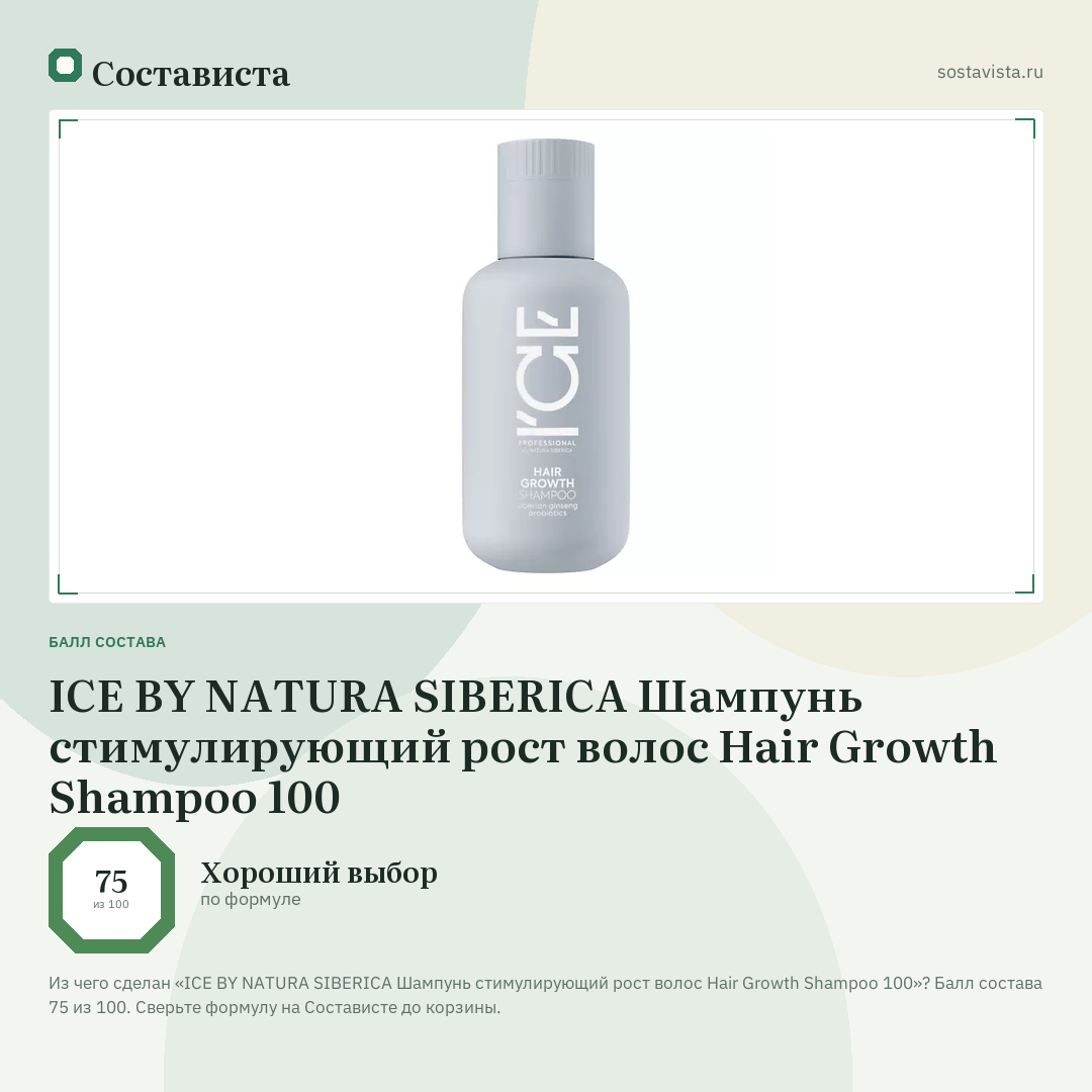 ICE BY NATURA SIBERICA Шампунь стимулирующий рост волос Hair Growth Shampoo 100: балл состава 75 из 100 — Состависта