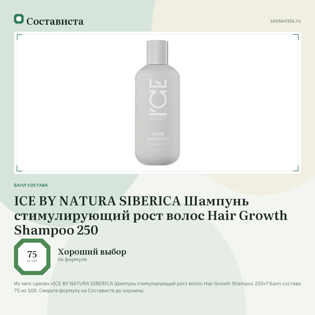 ICE BY NATURA SIBERICA Шампунь стимулирующий рост волос Hair Growth Shampoo 250: балл состава 75 из 100 — Состависта