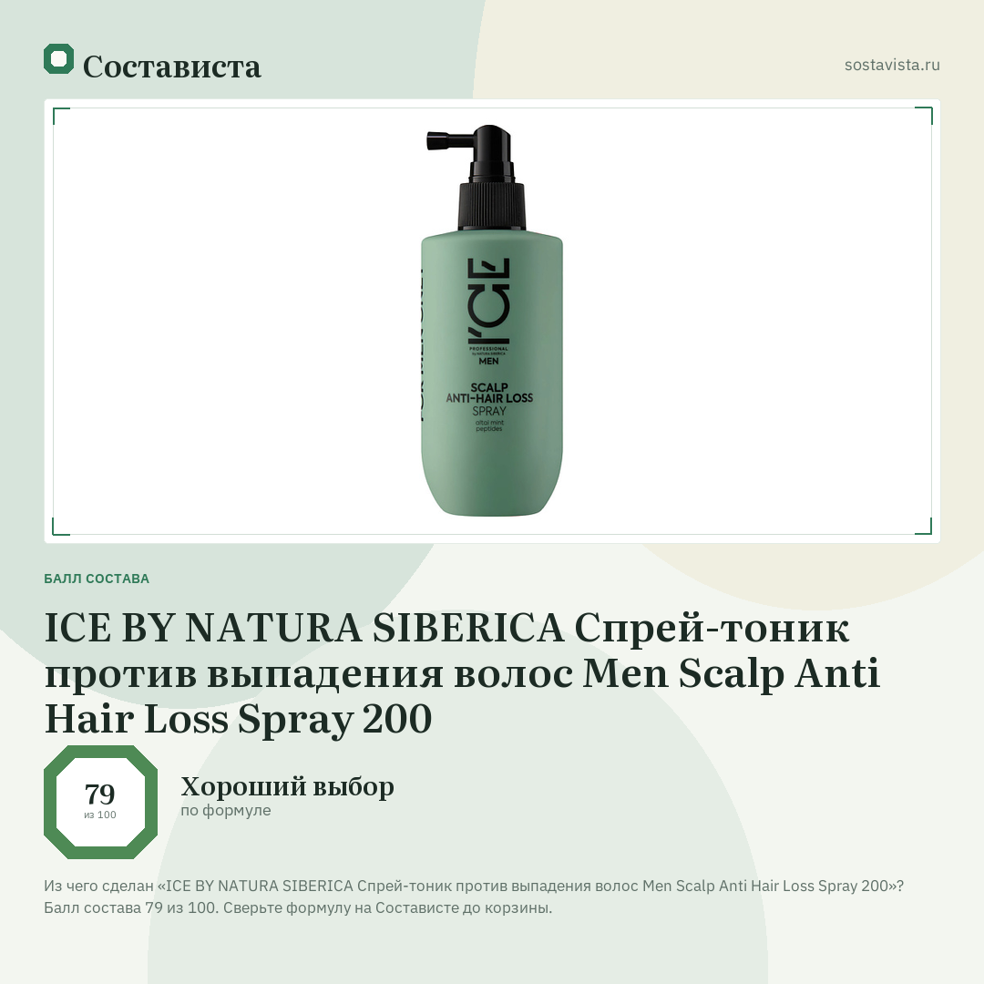 ICE BY NATURA SIBERICA Спрей-тоник против выпадения волос Men Scalp Anti Hair Loss Spray 200: балл состава 79 из 100 — Состависта