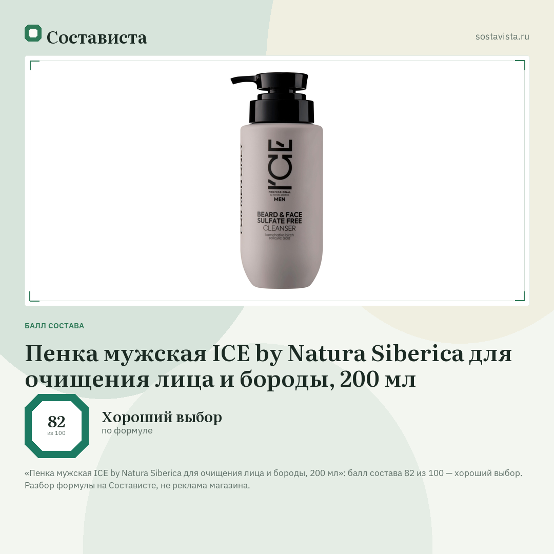Пенка мужская ICE by Natura Siberica для очищения лица и бороды, 200 мл: балл состава 82 из 100 — Состависта