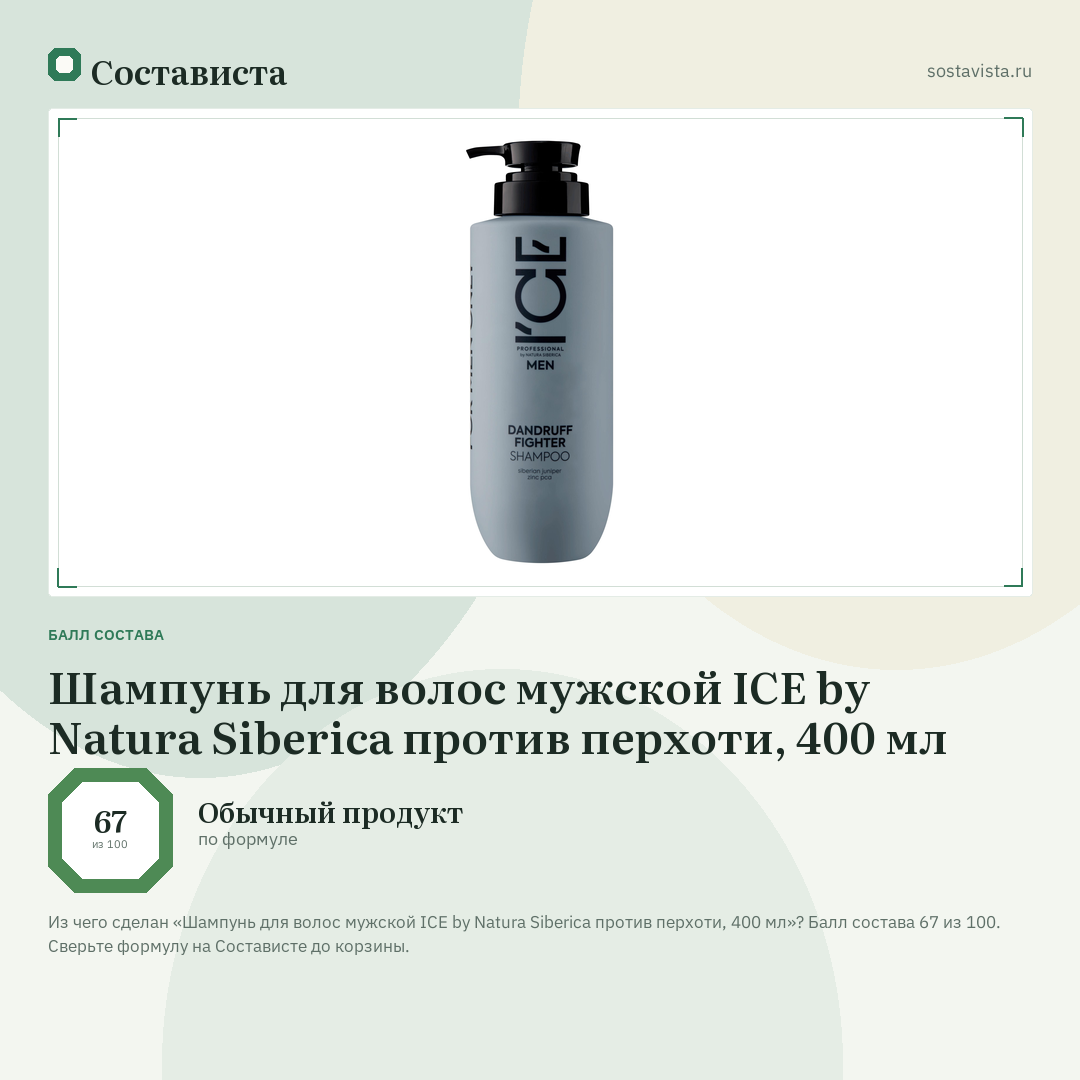 Шампунь для волос мужской ICE by Natura Siberica против перхоти, 400 мл: балл состава 67 из 100 — Состависта