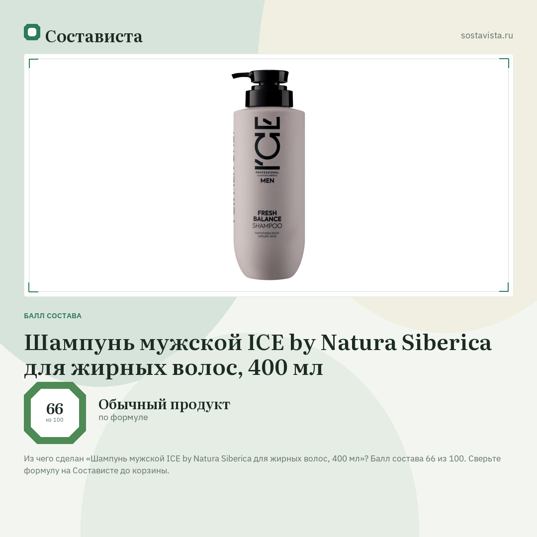 Шампунь мужской ICE by Natura Siberica для жирных волос, 400 мл: балл состава 66 из 100 — Состависта