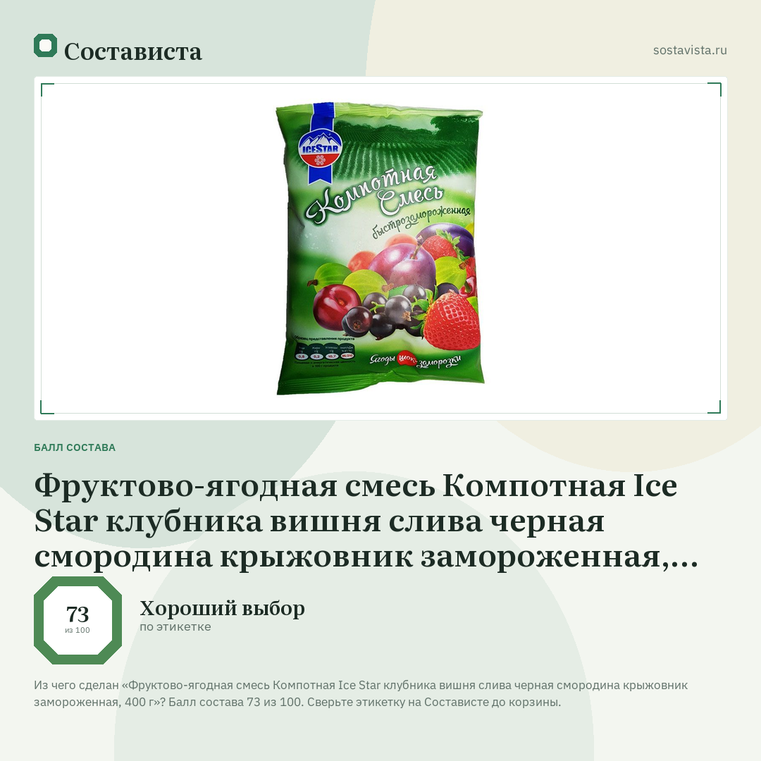 Фруктово-ягодная смесь Компотная Ice Star клубника вишня слива черная смородина крыжовник замороженная, 400 г: балл состава 73 из 100 — Состависта