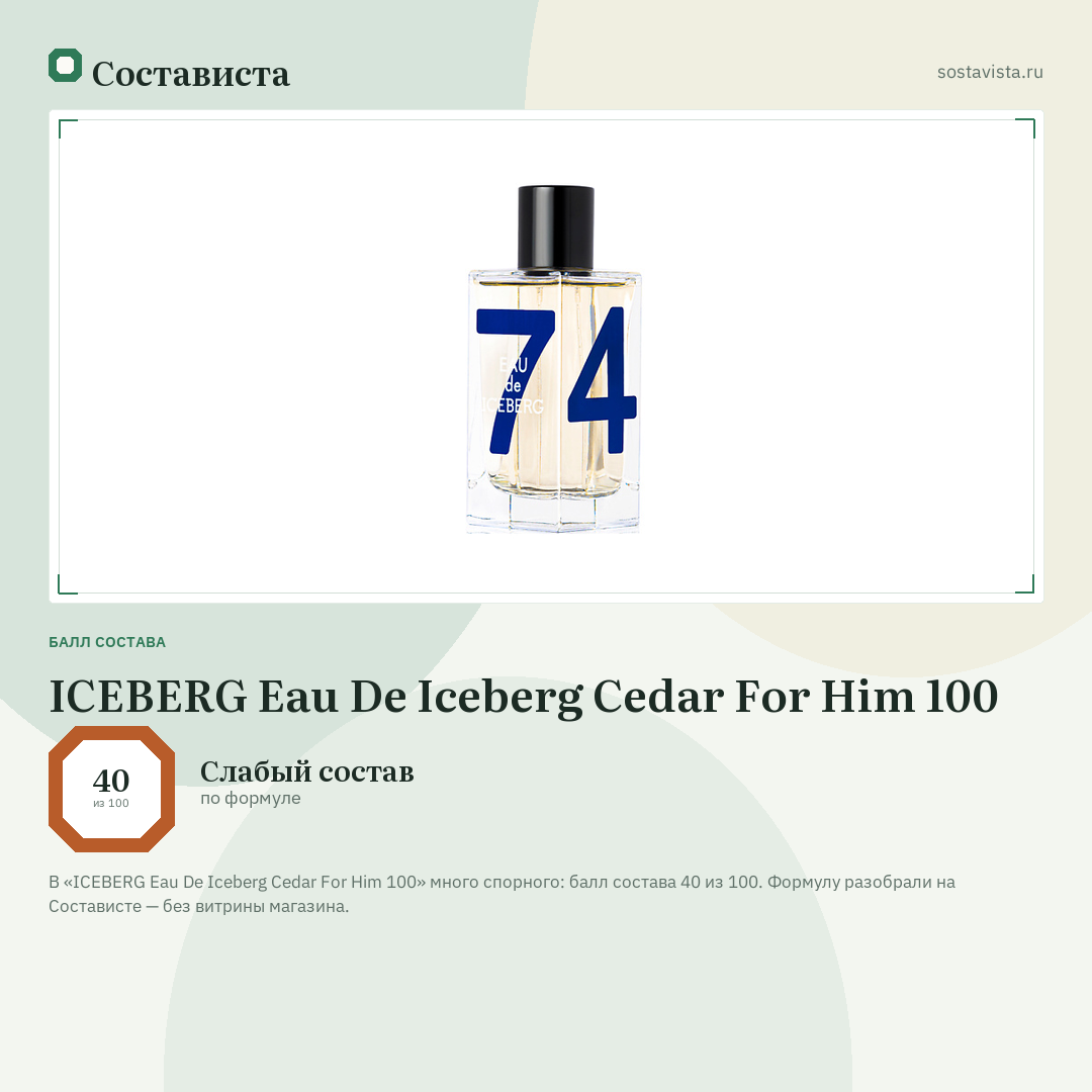 ICEBERG Eau De Iceberg Cedar For Him 100: балл состава 40 из 100 — Состависта