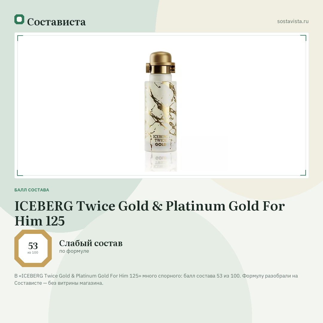 ICEBERG Twice Gold & Platinum Gold For Him 125: балл состава 53 из 100 — Состависта