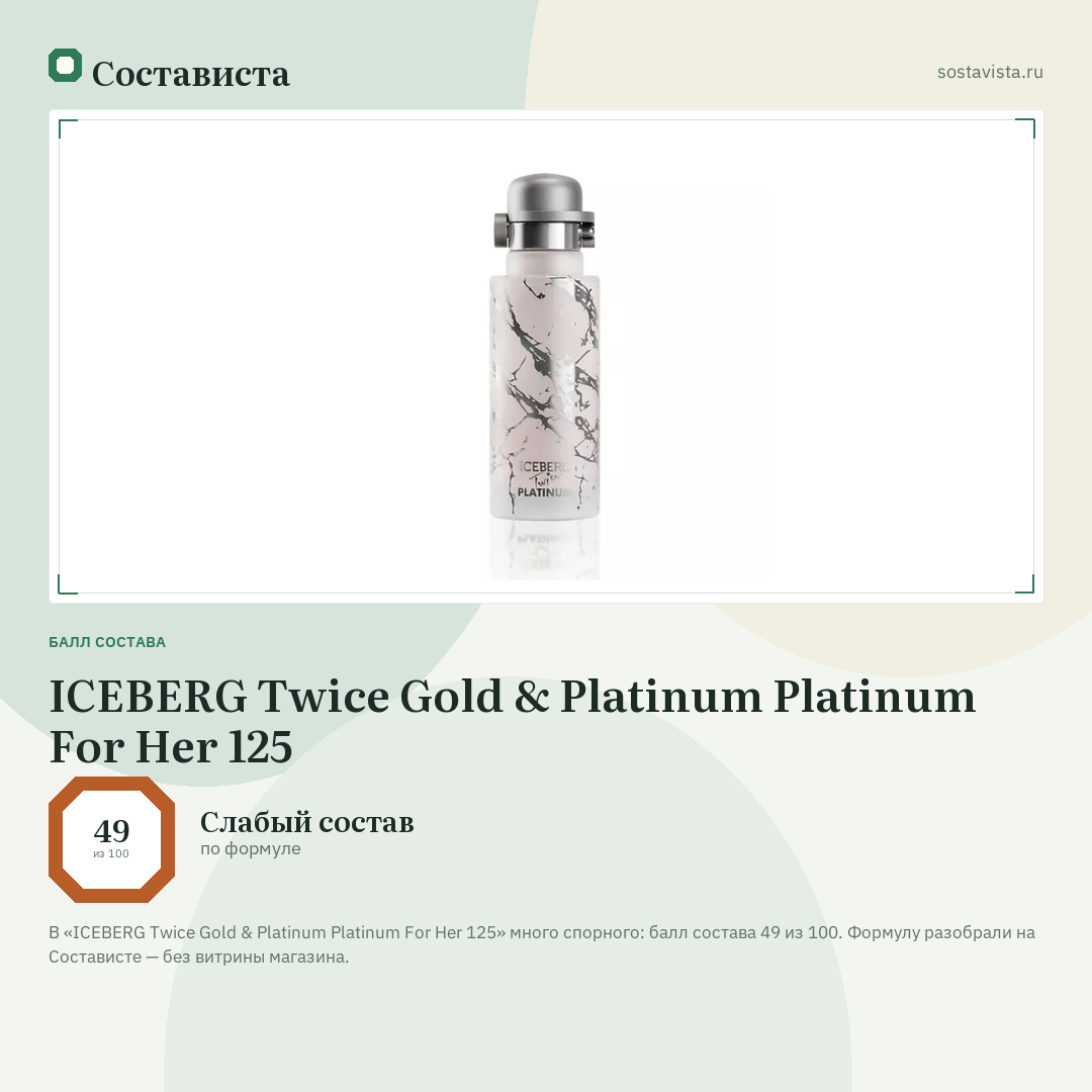 ICEBERG Twice Gold & Platinum Platinum For Her 125: балл состава 49 из 100 — Состависта