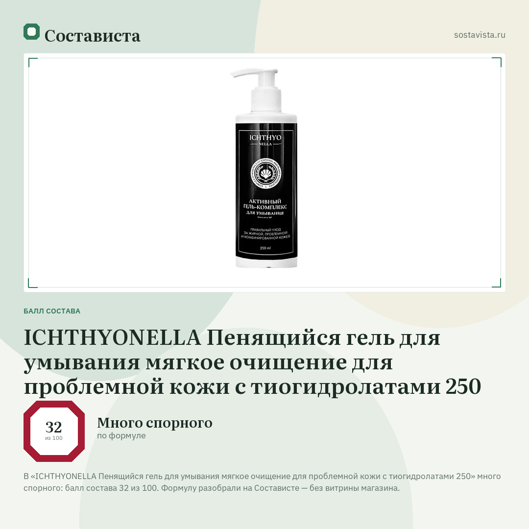 ICHTHYONELLA Пенящийся гель для умывания мягкое очищение для проблемной кожи с тиогидролатами 250: балл состава 32 из 100 — Состависта