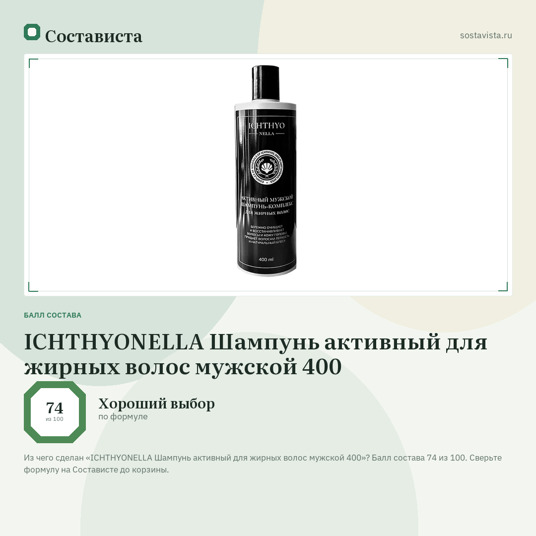 ICHTHYONELLA Шампунь активный для жирных волос мужской 400: балл состава 74 из 100 — Состависта