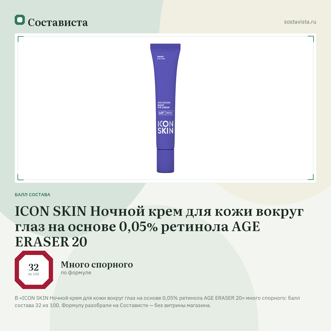 ICON SKIN Ночной крем для кожи вокруг глаз на основе 0,05% ретинола AGE ERASER 20: балл состава 32 из 100 — Состависта