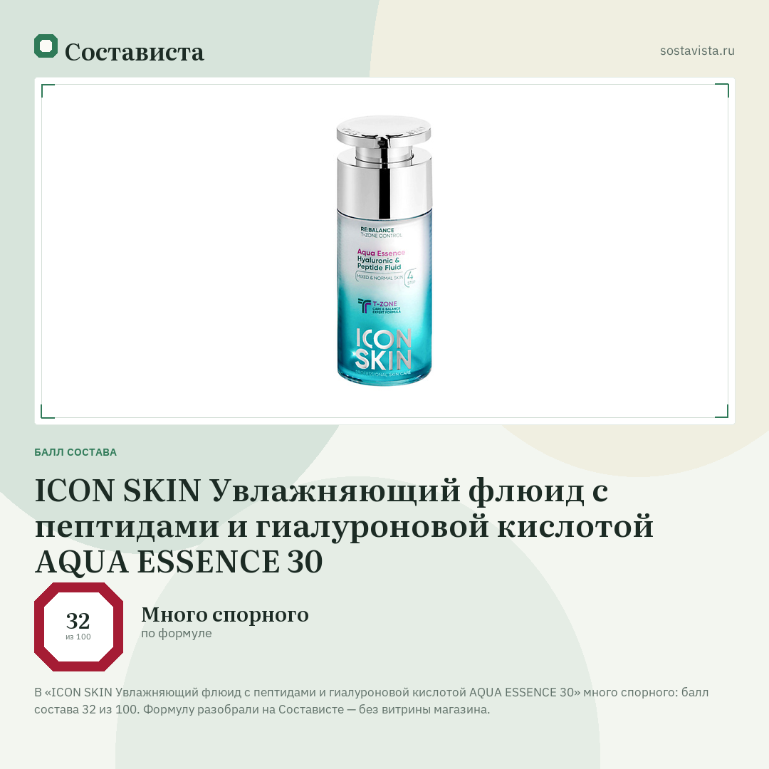 ICON SKIN Увлажняющий флюид с пептидами и гиалуроновой кислотой AQUA ESSENCE 30: балл состава 32 из 100 — Состависта