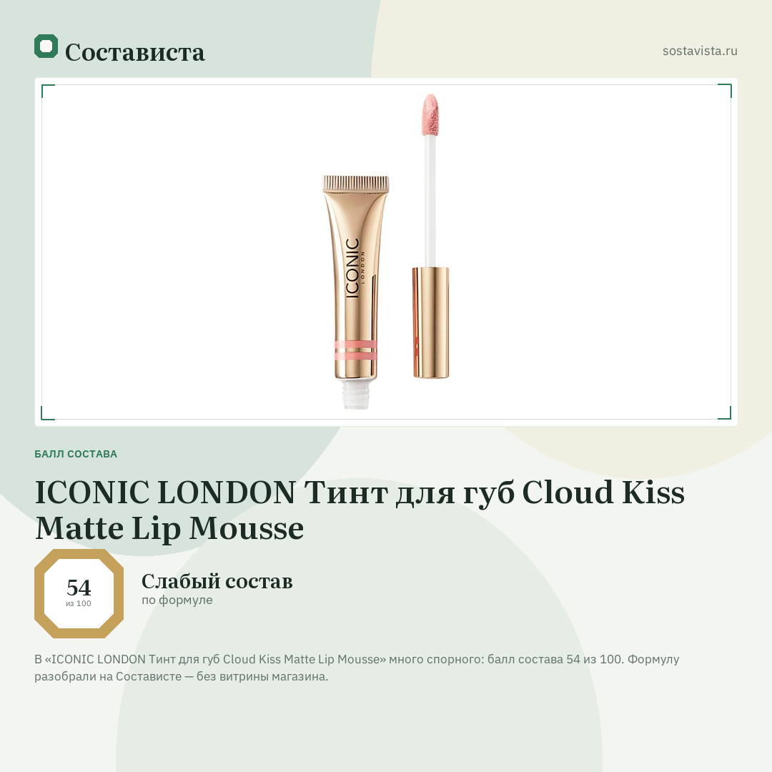 ICONIC LONDON Тинт для губ Cloud Kiss Matte Lip Mousse: балл состава 54 из 100 — Состависта