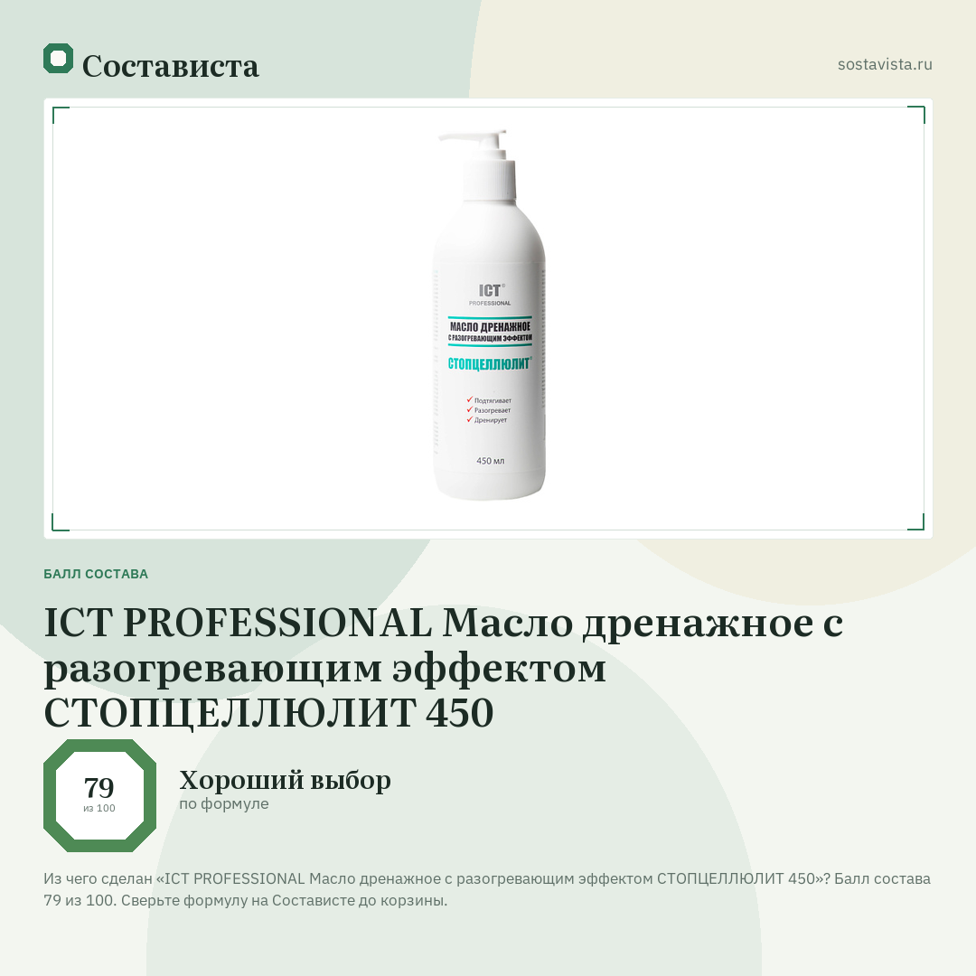 ICT PROFESSIONAL Масло дренажное с разогревающим эффектом СТОПЦЕЛЛЮЛИТ 450: балл состава 79 из 100 — Состависта
