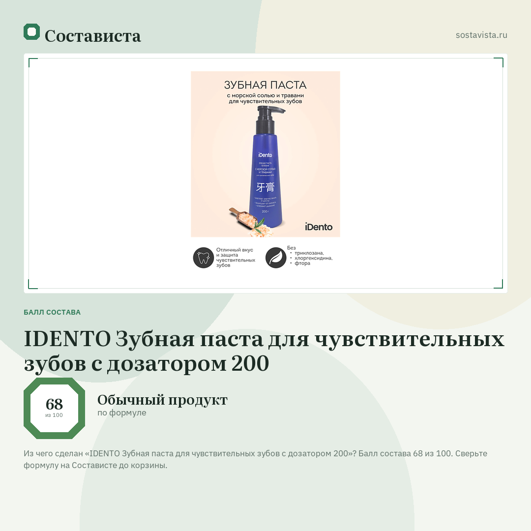 IDENTO Зубная паста для чувствительных зубов с дозатором 200: балл состава 68 из 100 — Состависта
