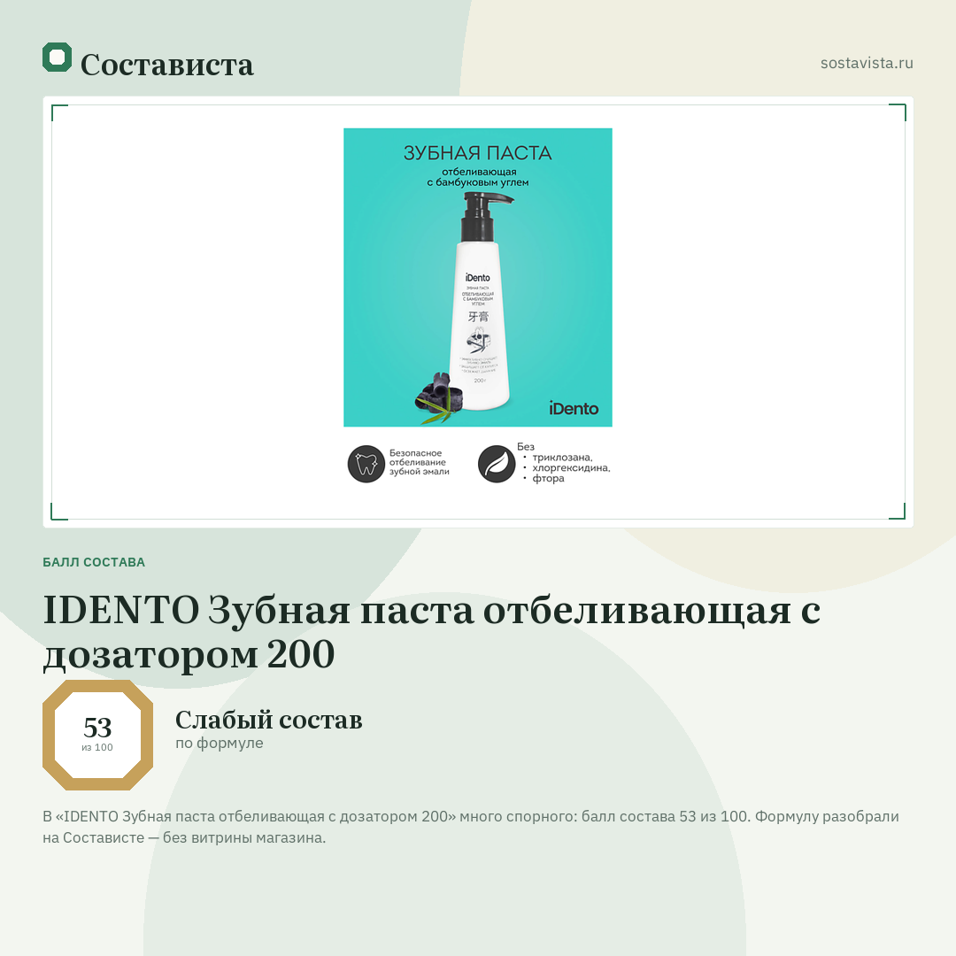 IDENTO Зубная паста отбеливающая с дозатором 200: балл состава 53 из 100 — Состависта