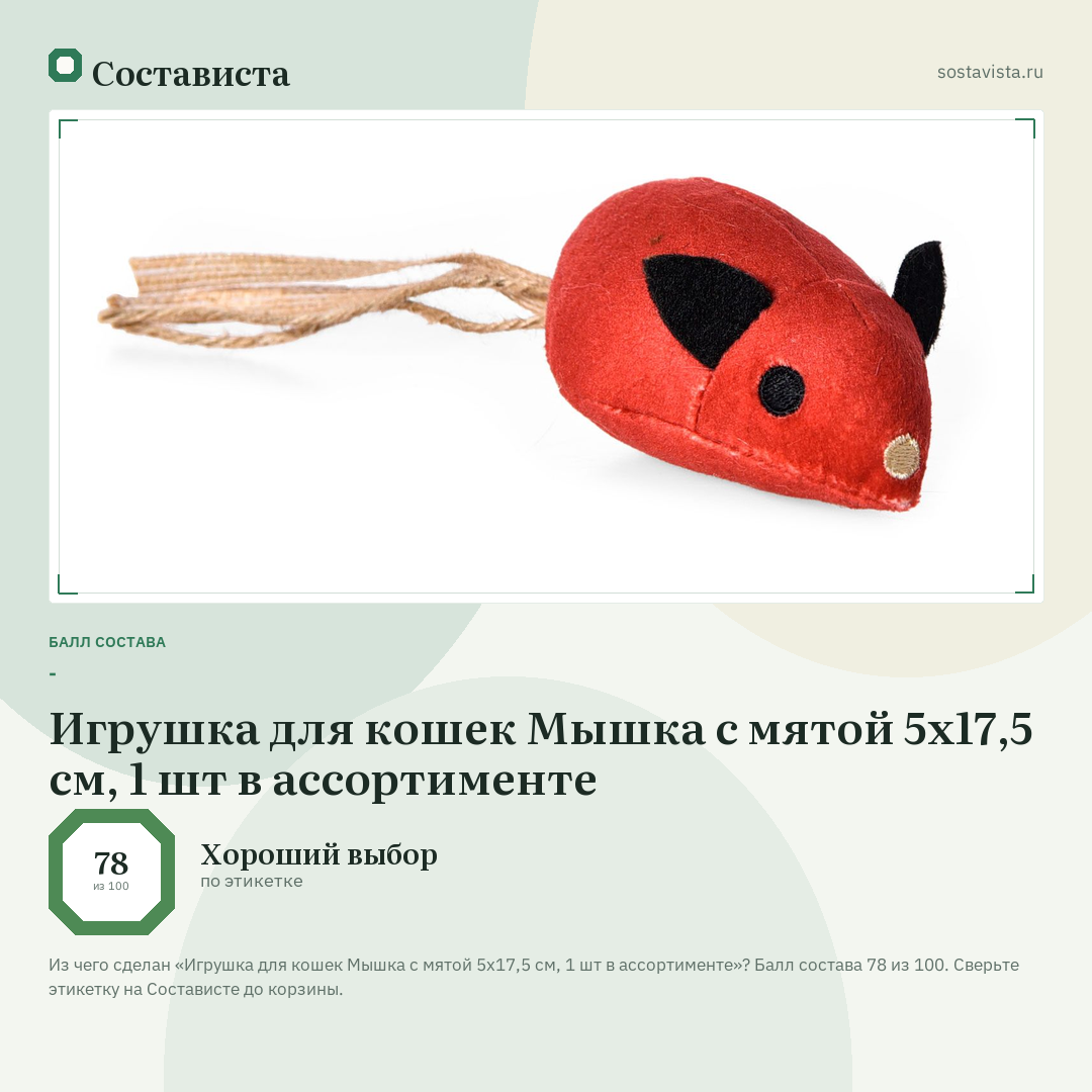 Игрушка для кошек Мышка с мятой 5х17,5 см, 1 шт в ассортименте: балл состава 78 из 100 — Состависта