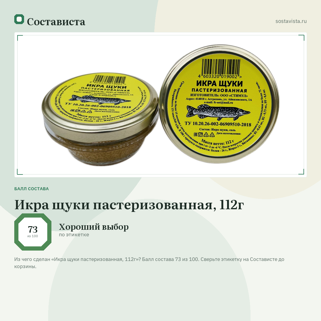 Икра щуки пастеризованная, 112г: балл состава 73 из 100 — Состависта