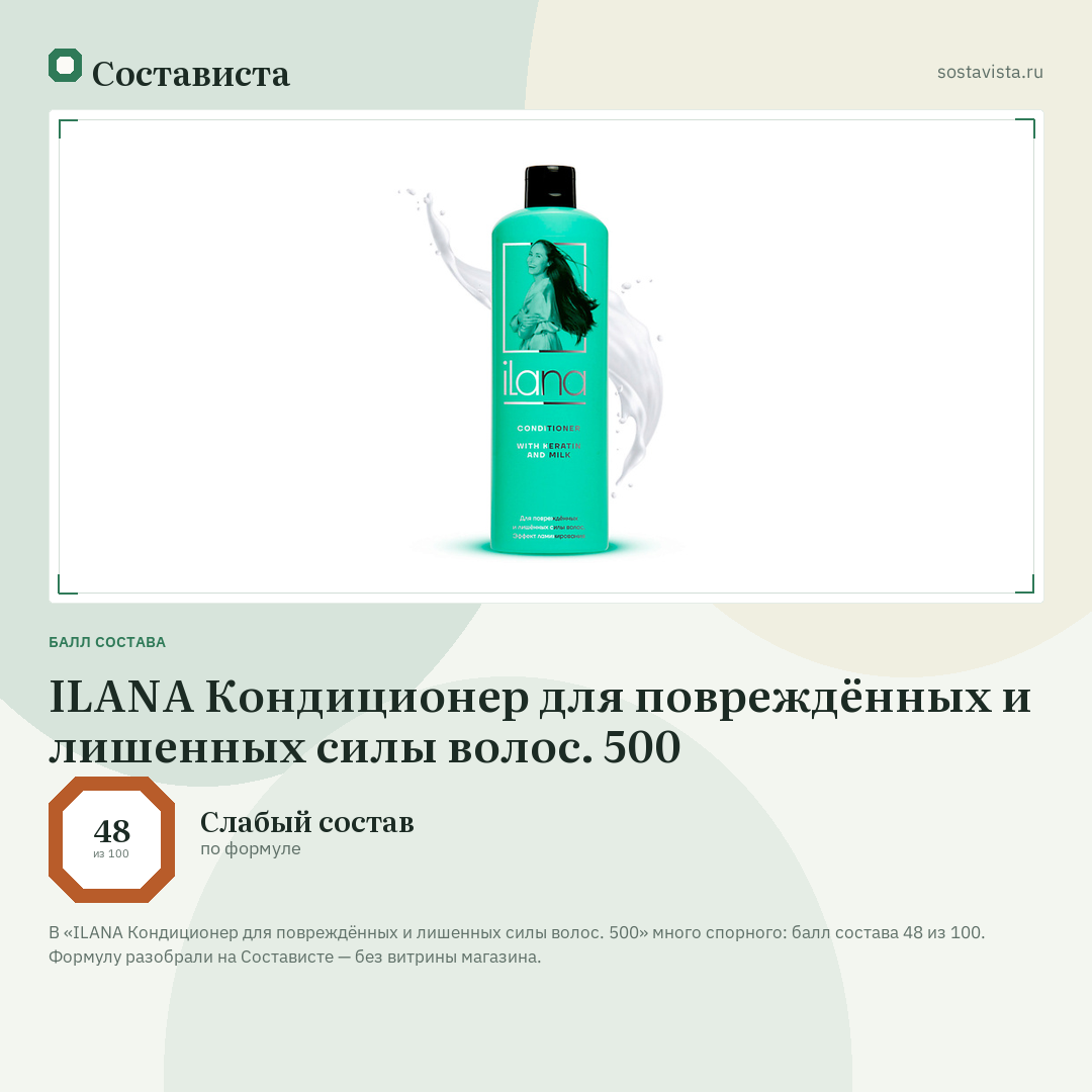 ILANA Кондиционер для повреждённых и лишенных силы волос. 500: балл состава 48 из 100 — Состависта