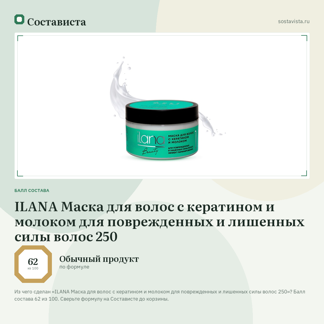 ILANA Маска для волос с кератином и молоком для поврежденных и лишенных силы волос 250: балл состава 62 из 100 — Состависта