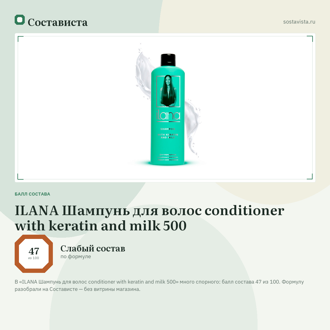 ILANA Шампунь для волос conditioner with keratin and milk 500: балл состава 47 из 100 — Состависта