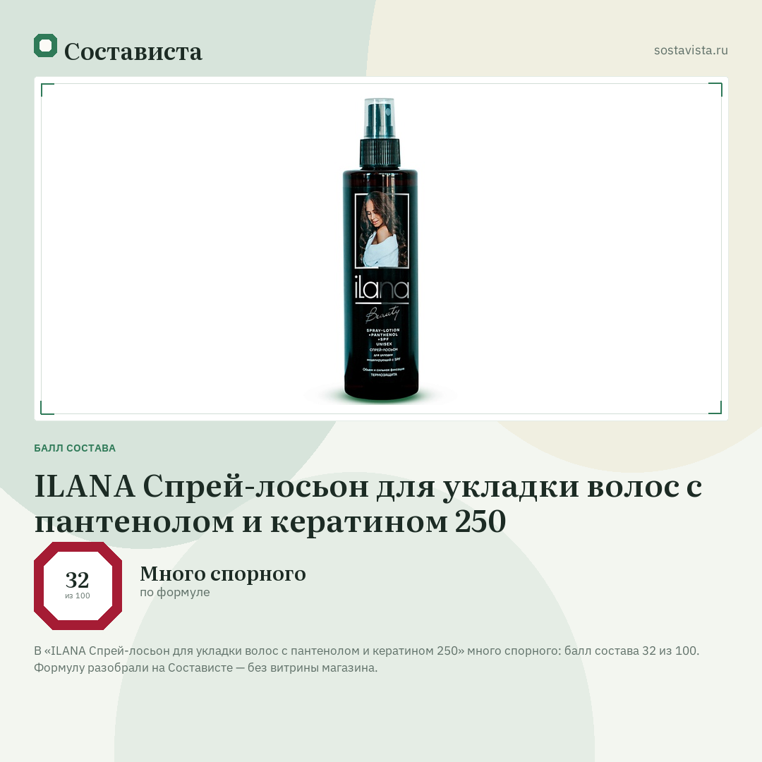 ILANA Спрей-лосьон для укладки волос с пантенолом и кератином 250: балл состава 32 из 100 — Состависта