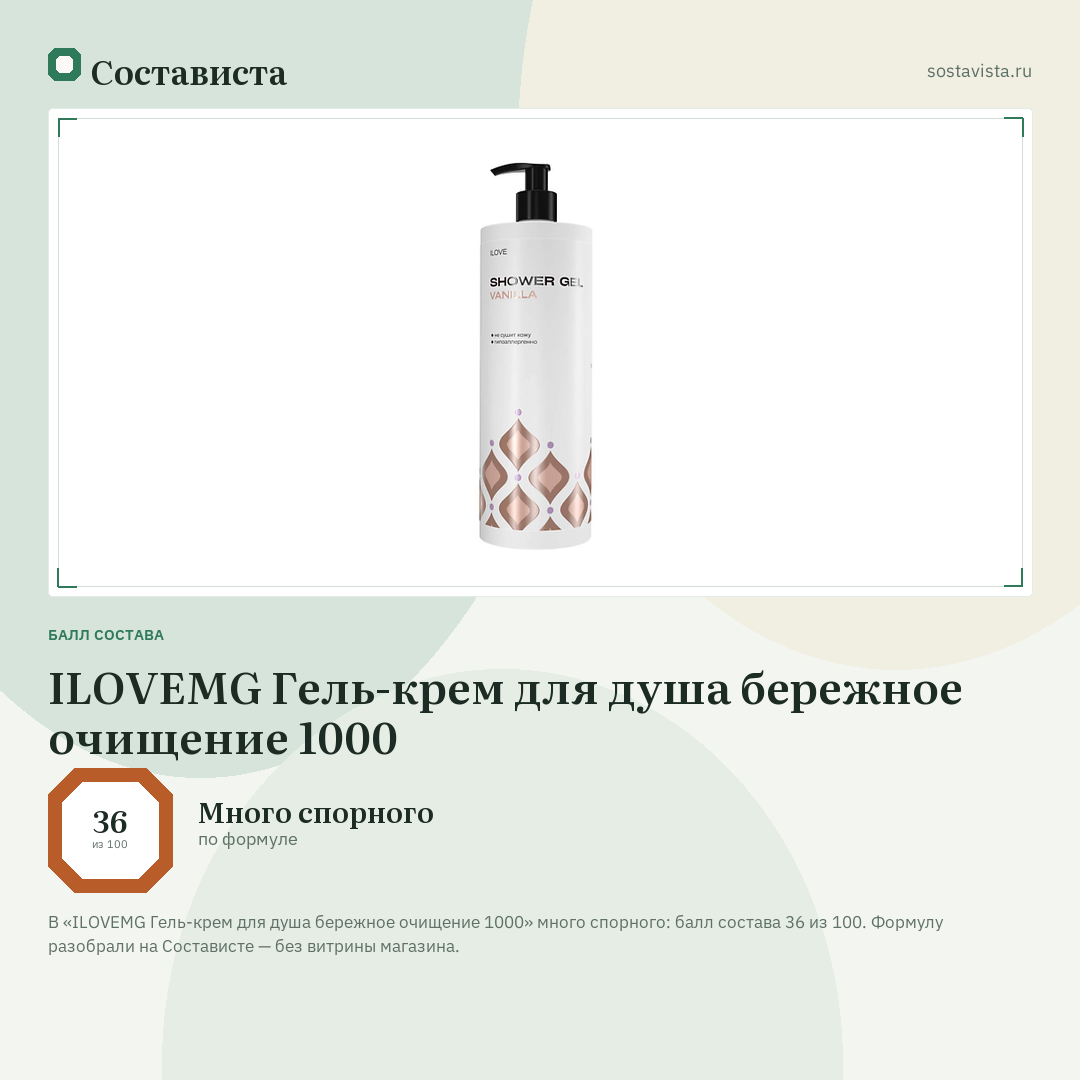 ILOVEMG Гель-крем для душа бережное очищение 1000: балл состава 36 из 100 — Состависта