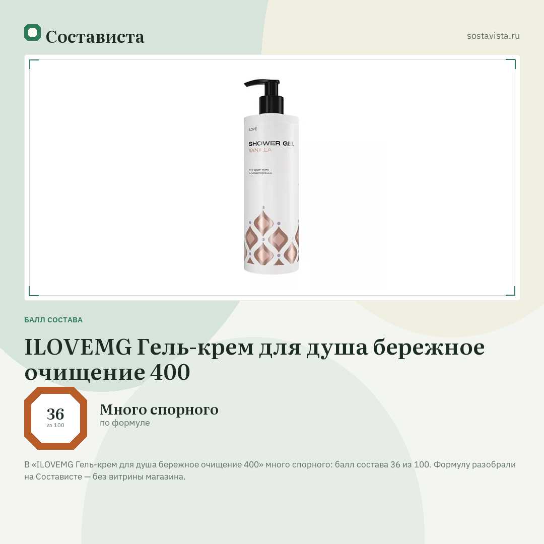 ILOVEMG Гель-крем для душа бережное очищение 400: балл состава 36 из 100 — Состависта