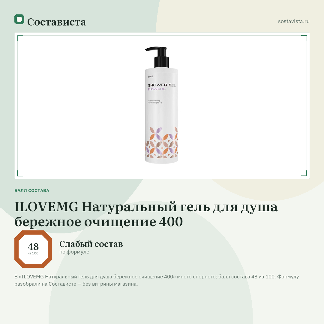 ILOVEMG Натуральный гель для душа бережное очищение 400: балл состава 48 из 100 — Состависта