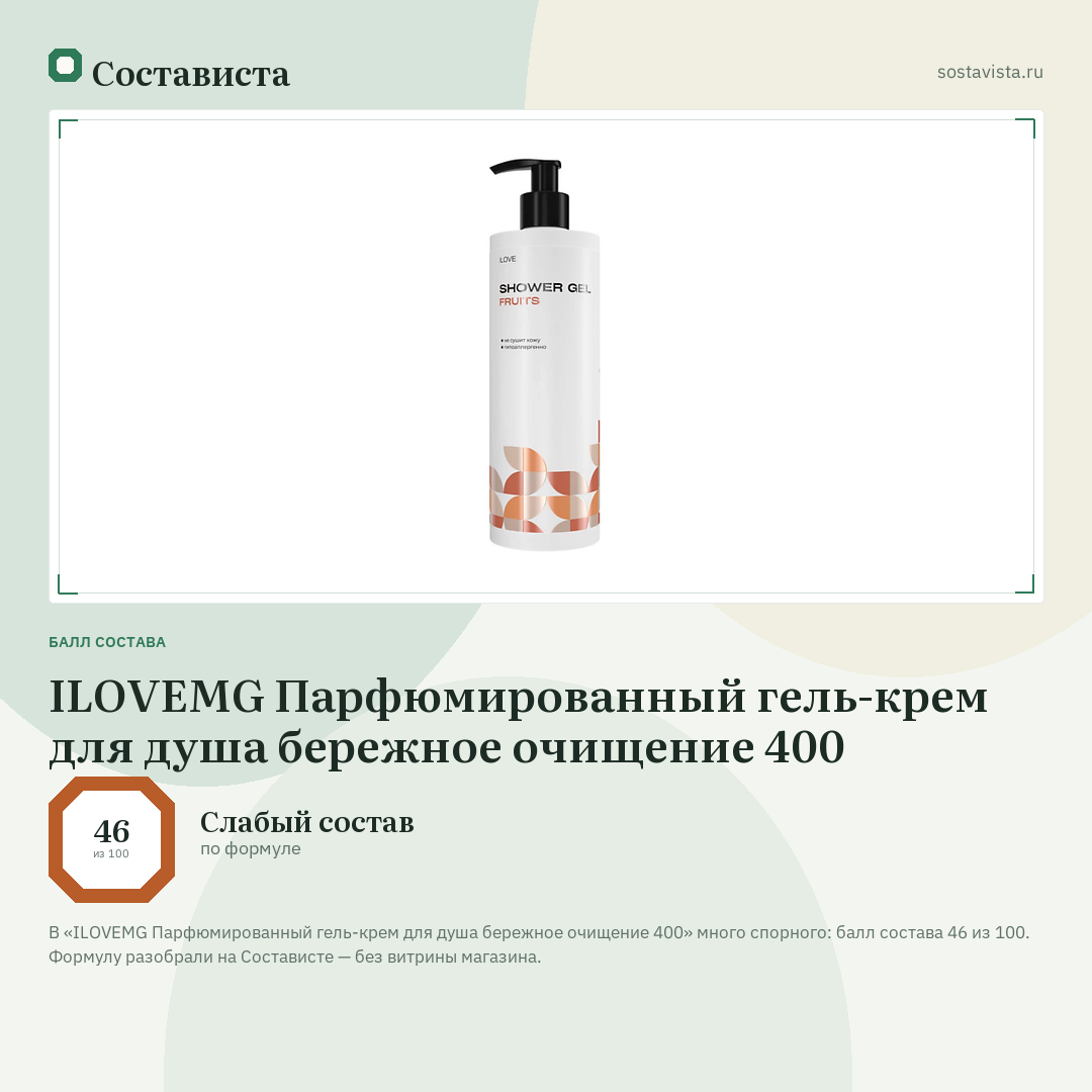 ILOVEMG Парфюмированный гель-крем для душа бережное очищение 400: балл состава 46 из 100 — Состависта