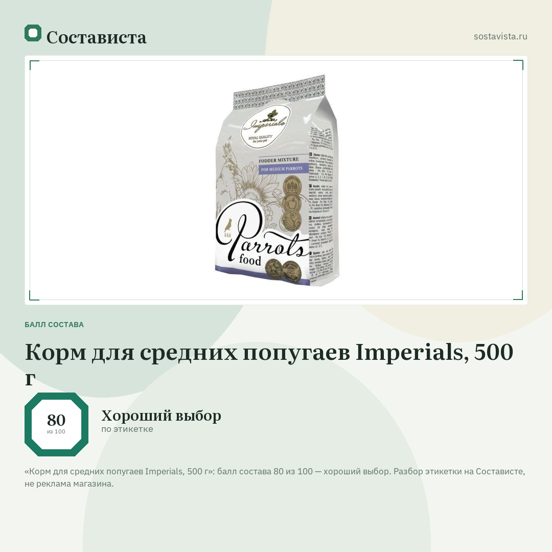 Корм для средних попугаев Imperials, 500 г: балл состава 80 из 100 — Состависта