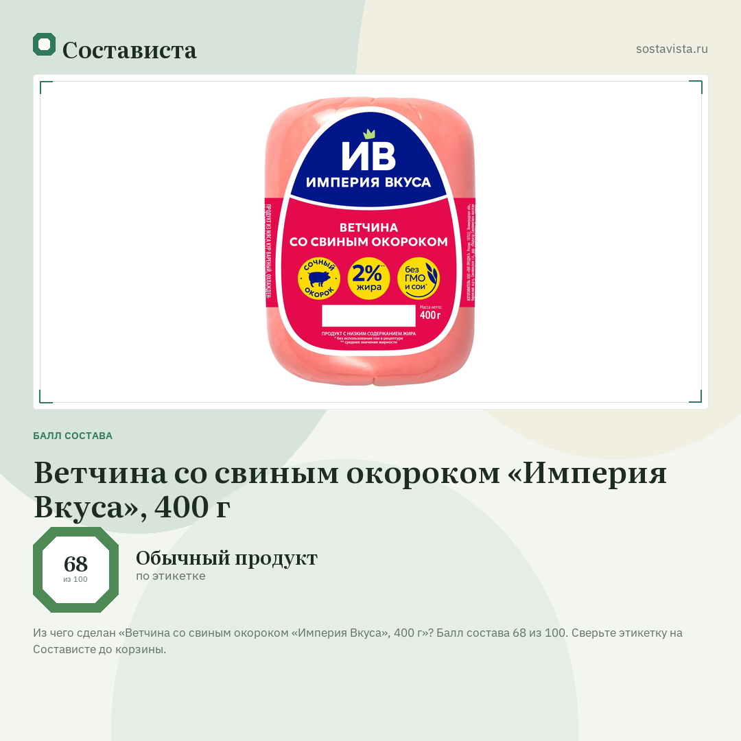 Ветчина со свиным окороком «Империя Вкуса», 400 г: балл состава 68 из 100 — Состависта