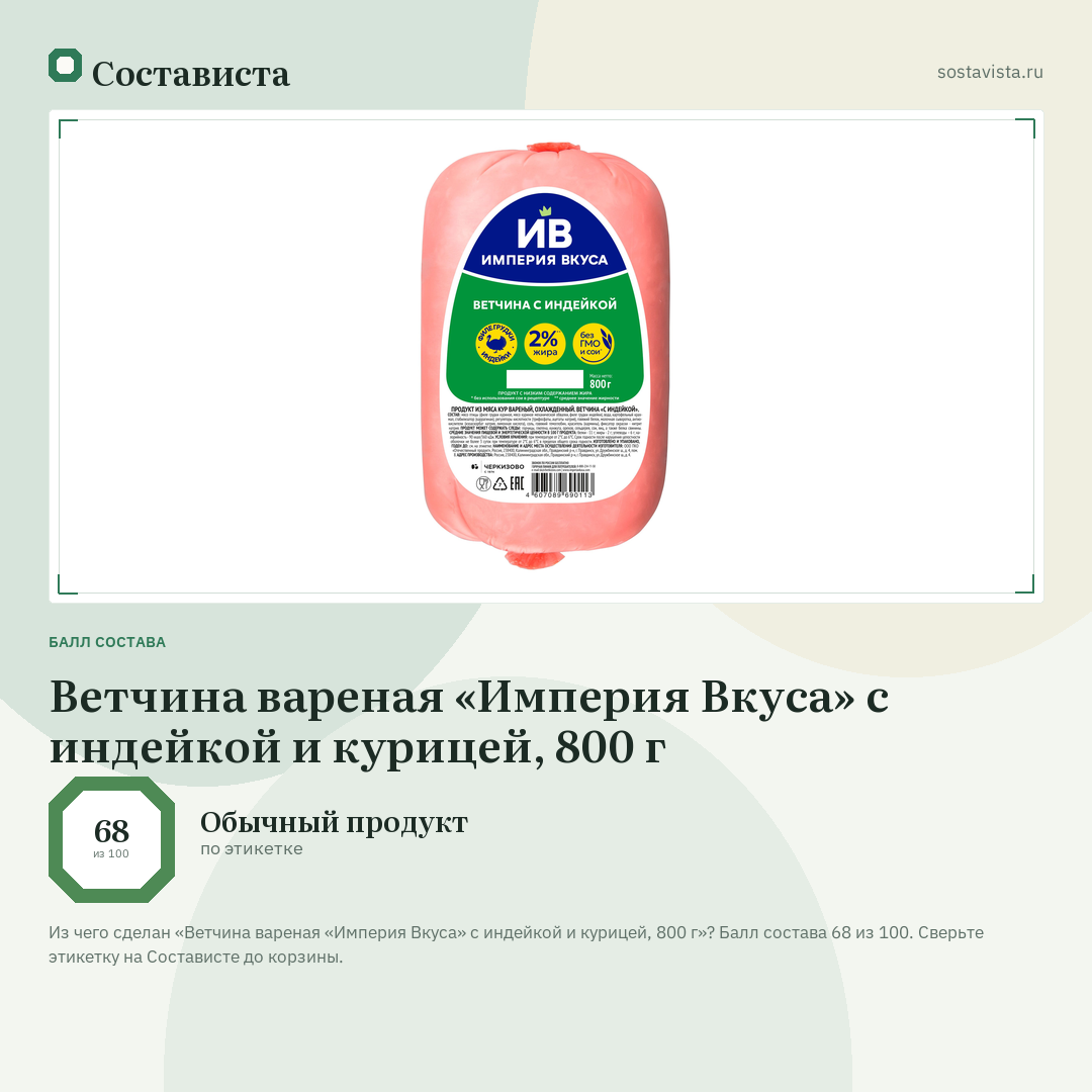 Ветчина вареная «Империя Вкуса» с индейкой и курицей, 800 г: балл состава 68 из 100 — Состависта