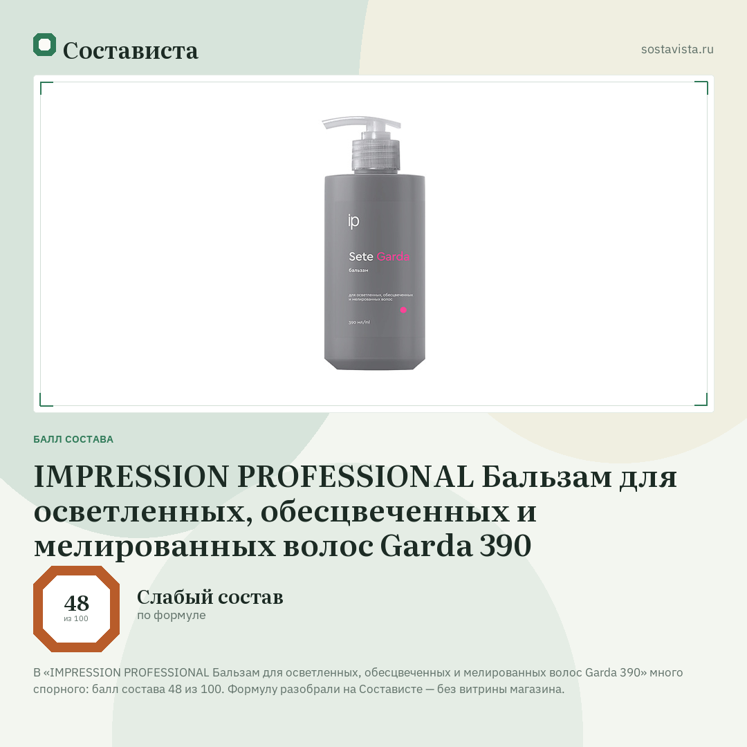 IMPRESSION PROFESSIONAL Бальзам для осветленных, обесцвеченных и мелированных волос Garda 390: балл состава 48 из 100 — Состависта
