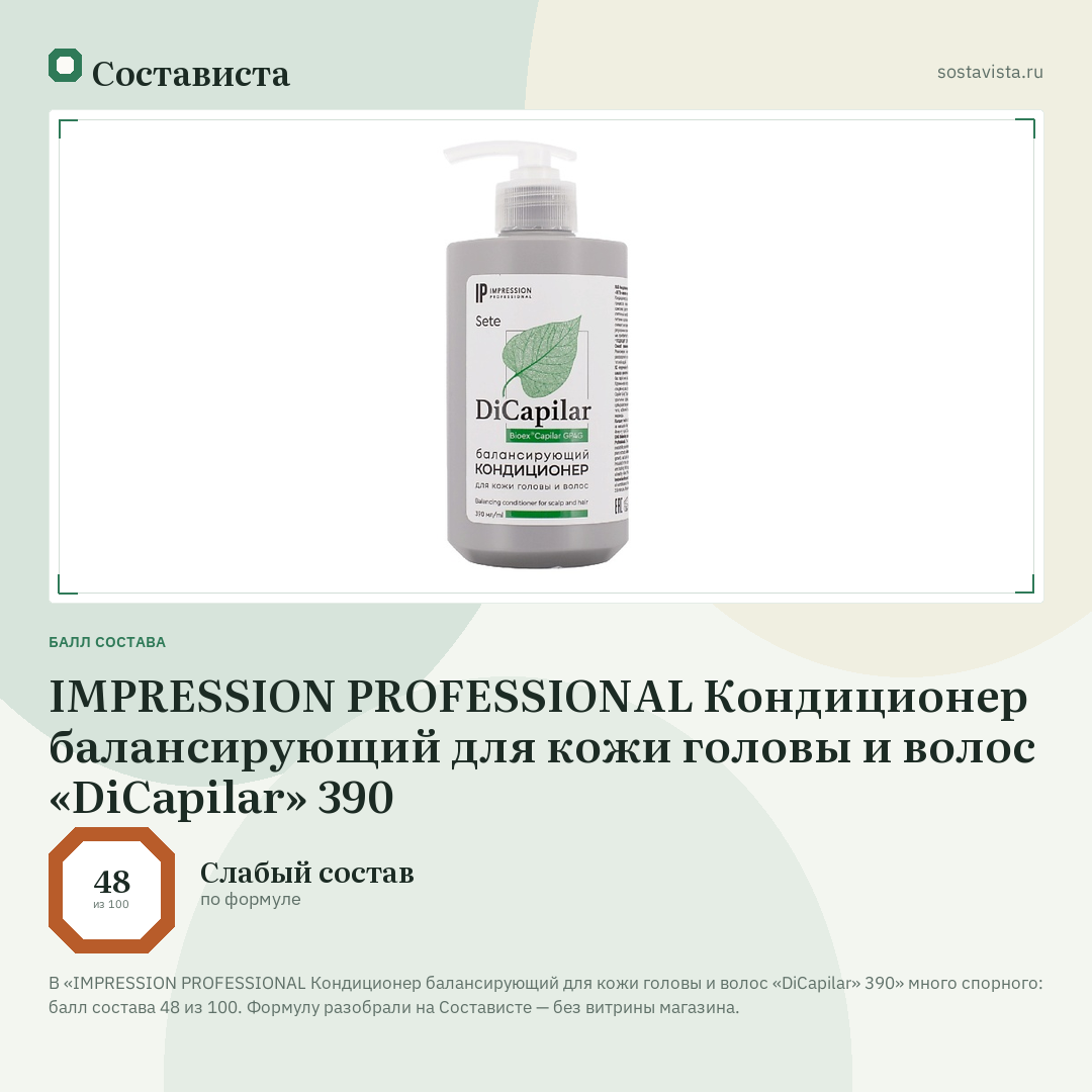 IMPRESSION PROFESSIONAL Кондиционер балансирующий для кожи головы и волос «DiCapilar» 390: балл состава 48 из 100 — Состависта