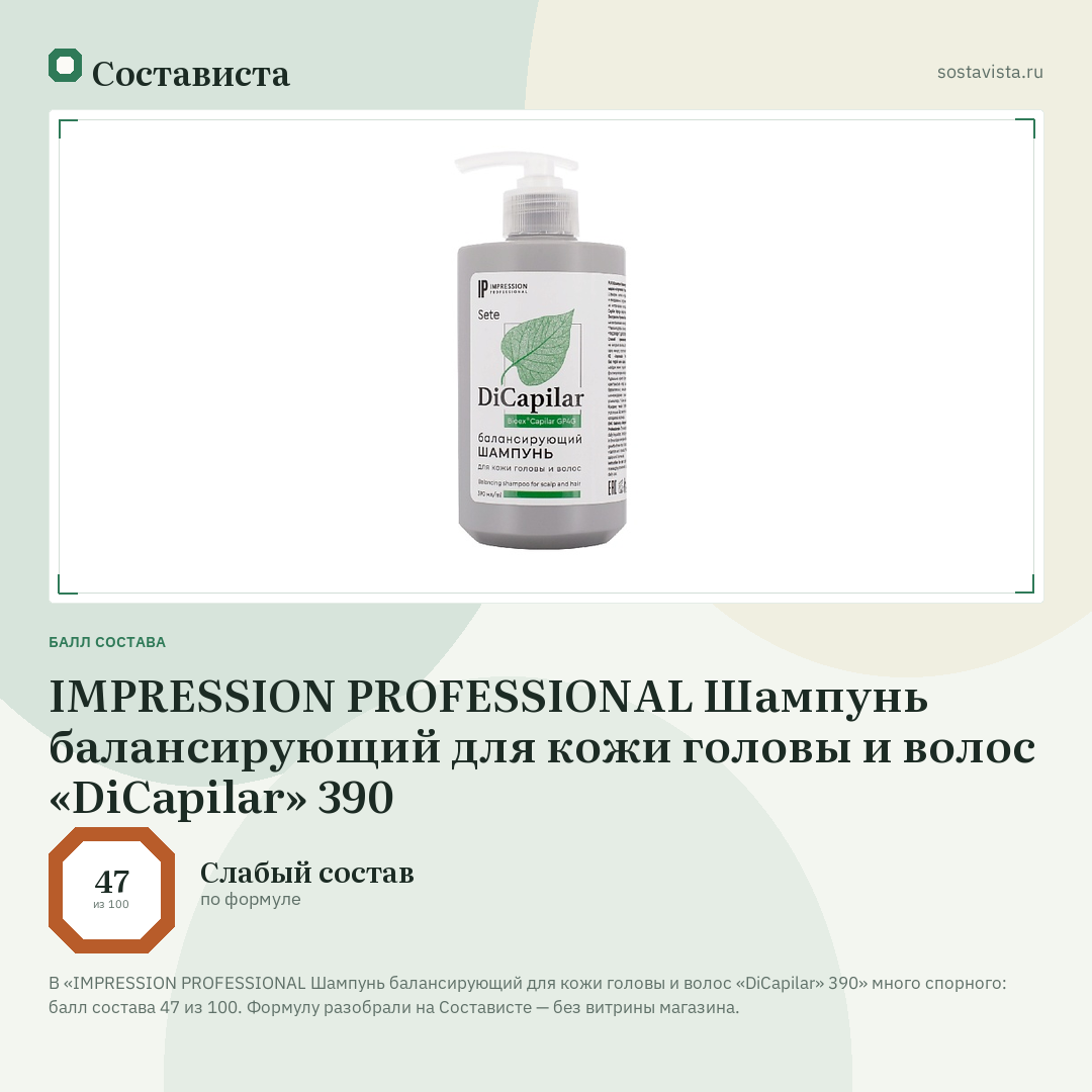 IMPRESSION PROFESSIONAL Шампунь балансирующий для кожи головы и волос «DiCapilar» 390: балл состава 47 из 100 — Состависта