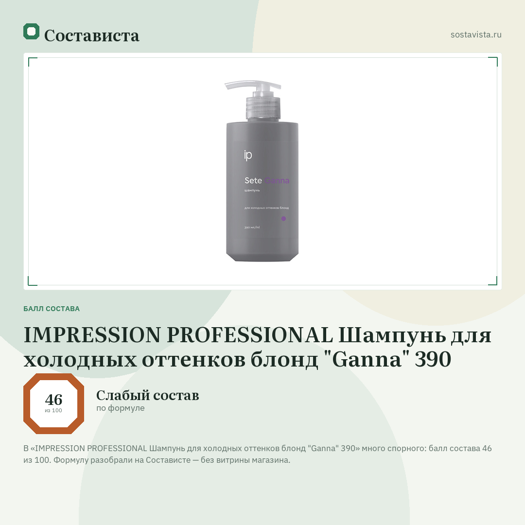 IMPRESSION PROFESSIONAL Шампунь для холодных оттенков блонд "Ganna" 390: балл состава 46 из 100 — Состависта