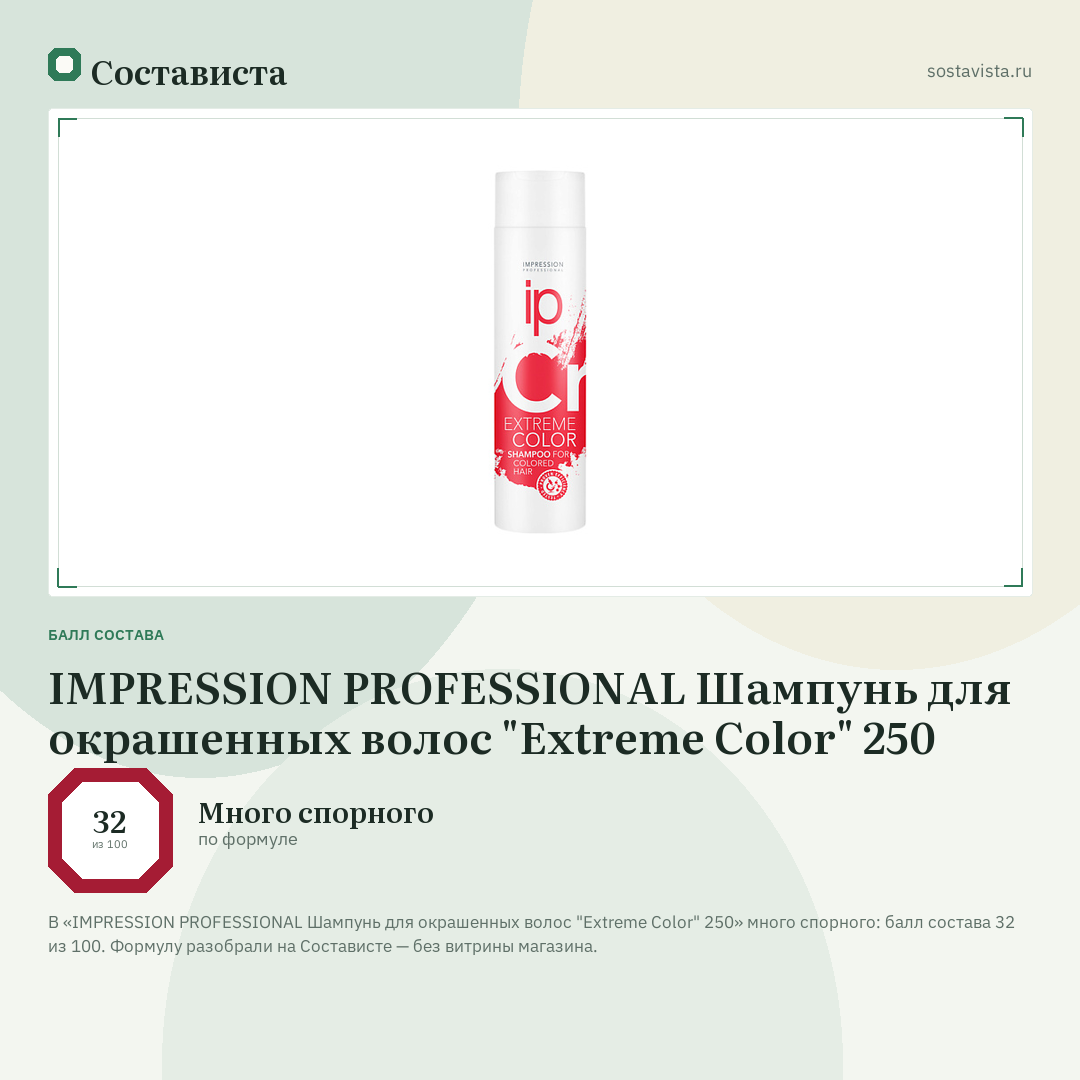 IMPRESSION PROFESSIONAL Шампунь для окрашенных волос "Extreme Color" 250: балл состава 32 из 100 — Состависта