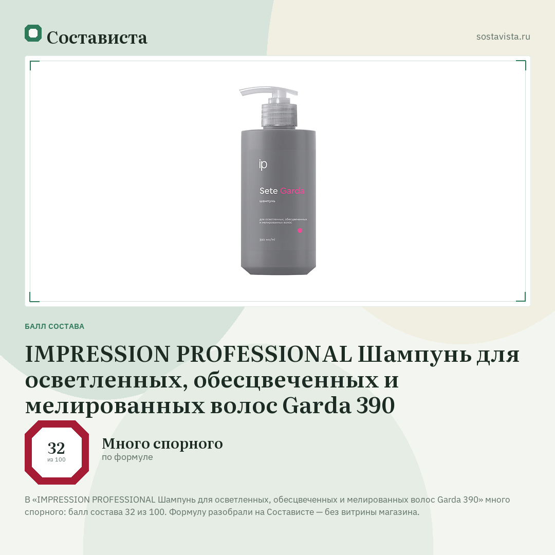 IMPRESSION PROFESSIONAL Шампунь для осветленных, обесцвеченных и мелированных волос Garda 390: балл состава 32 из 100 — Состависта