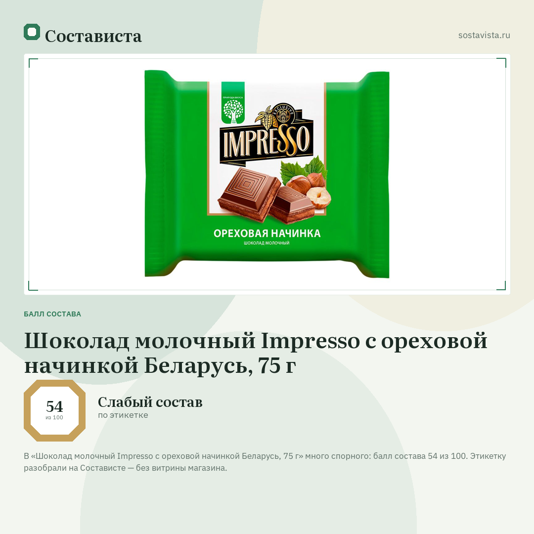 Шоколад молочный Impresso с ореховой начинкой Беларусь, 75 г: балл состава 54 из 100 — Состависта